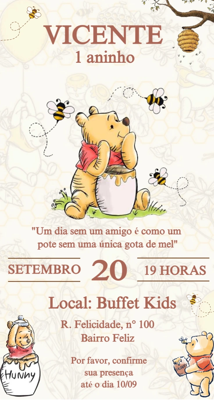 Convite de Aniversário Ursinho Pooh Clássico para Editar Online