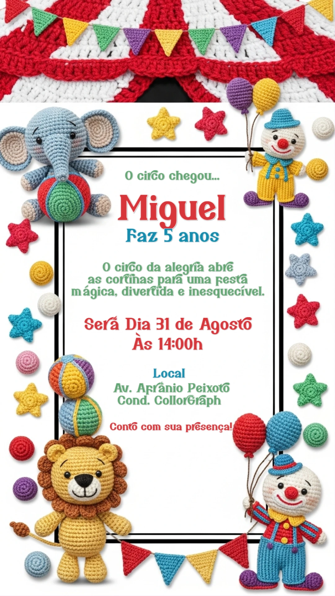 Convite Aniversário Circo Amigurumi para Editar Online