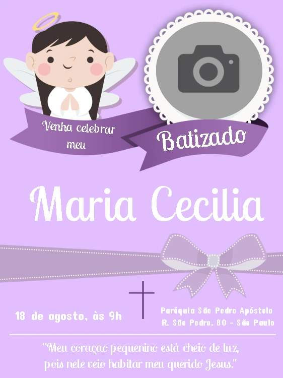 Convite de Batizado com Foto de Anjinha para Editar Online