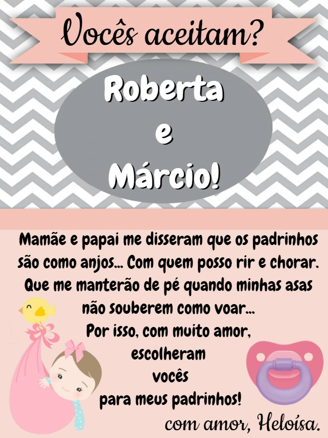 Convite para Padrinhos de Batismo Menina para Editar Online