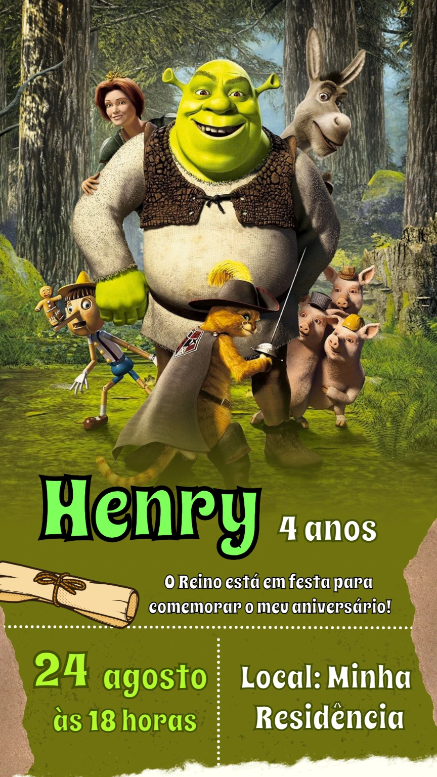 Convite de Aniversário Shrek com Personagens para Editar