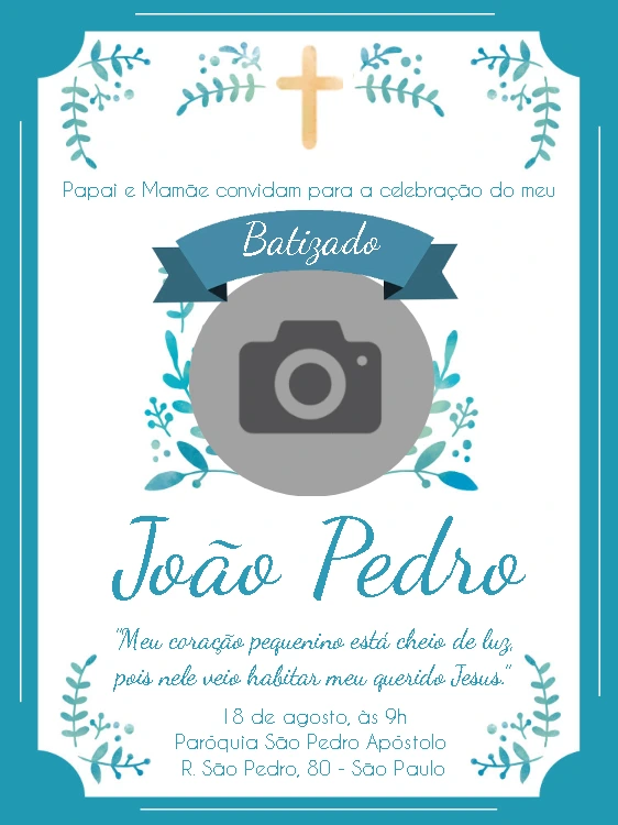 Convite de Batizado com Foto Delicado para Editar Online