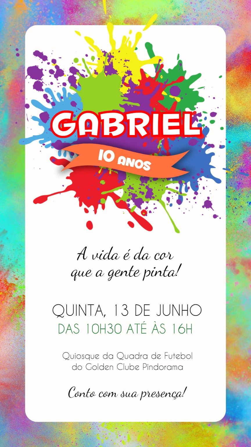 Convite Aniversário Festa das Cores para Editar Online