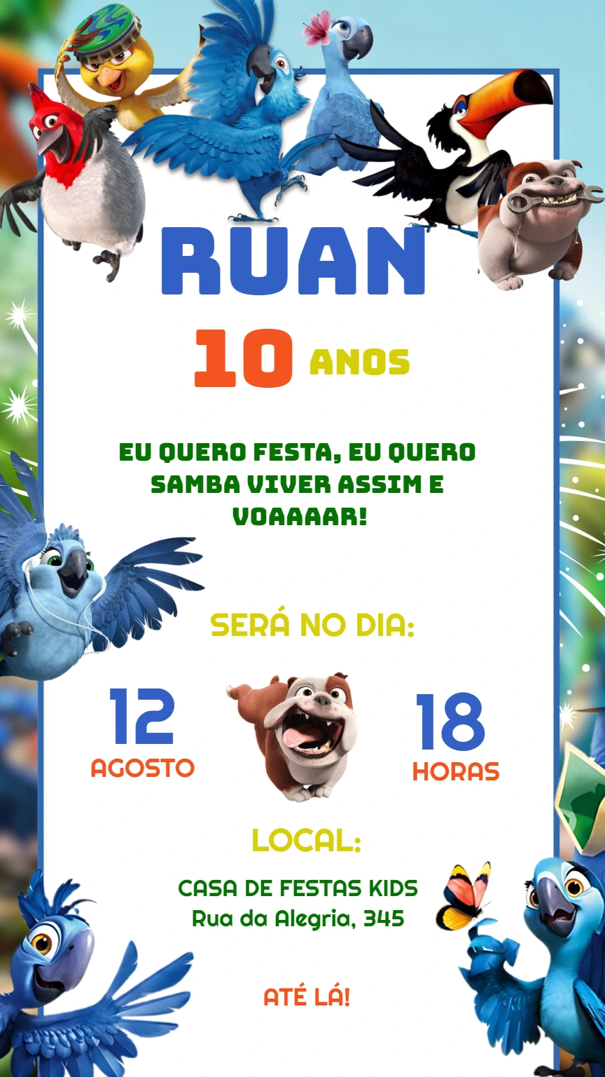 Convite de Aniversário Rio 2 com Personagens para Editar Online