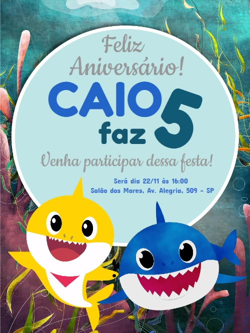 Convite de Aniversário Baby Shark para Editar Online