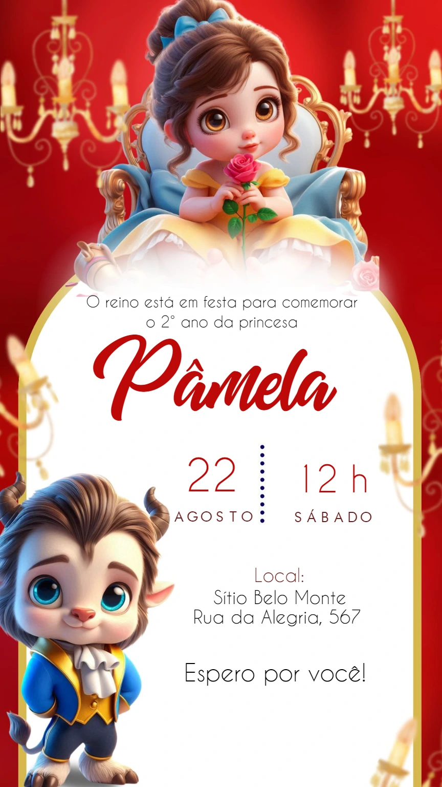 Invitación de Cumpleaños La Bella y la Bestia para Editar Online