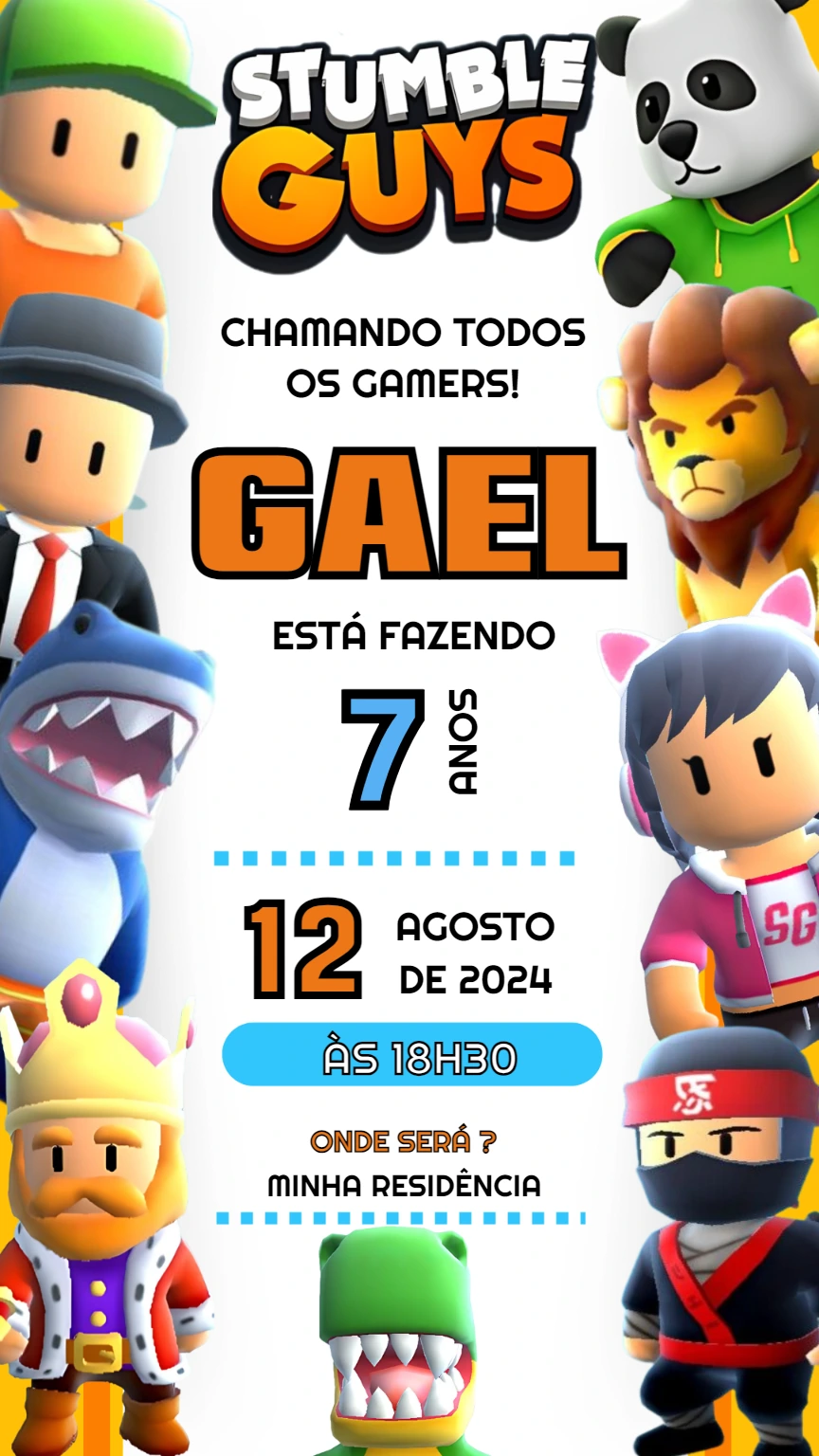 Convite de Aniversário Stumble Guys com Personagens para Editar