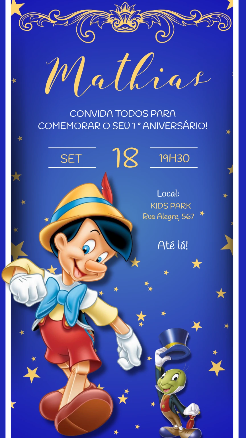 Convite Aniversário Pinóquio Clássico para Editar Online