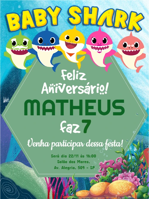 Convite de Aniversário Baby Shark com Personagens para Editar
