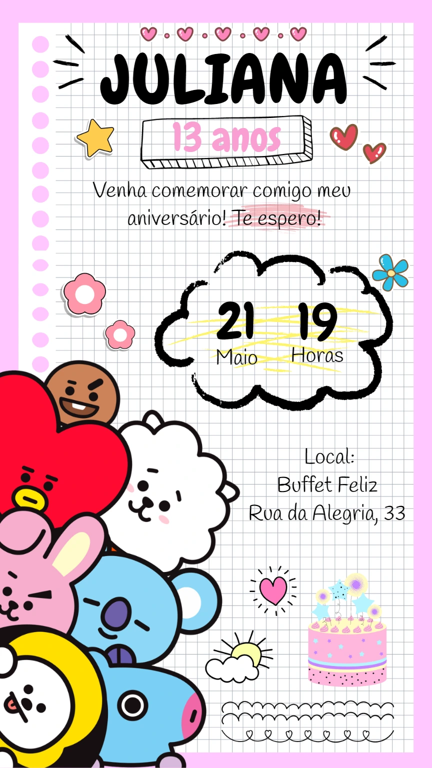 Convite de Aniversário BT21 com Personagens Fofos para Editar