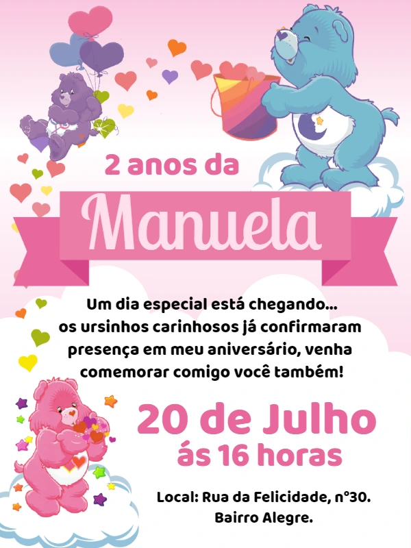 Convite de Aniversário Ursinhos Carinhosos para Editar Online