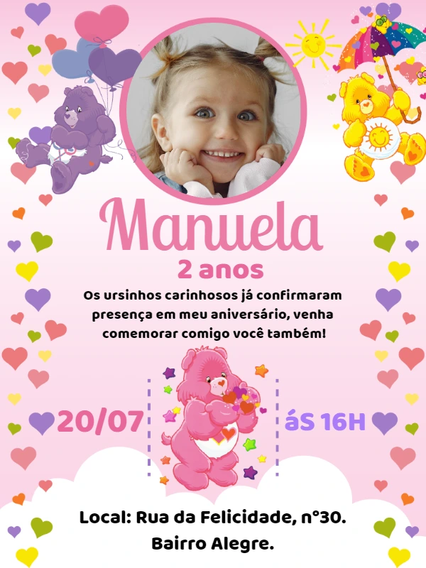 Convite Aniversário Ursinhos Carinhosos com Foto para Editar
