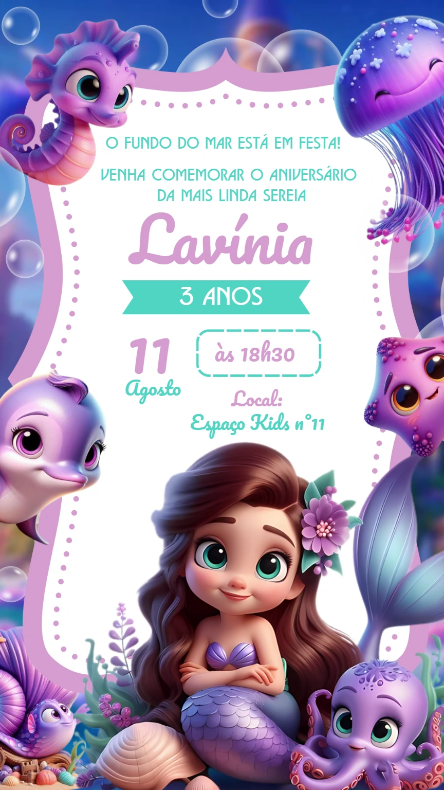 Convite Aniversário Sereia Fundo do Mar para Editar Online