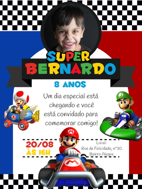Convite Aniversário Mario Kart com Foto para Editar Online