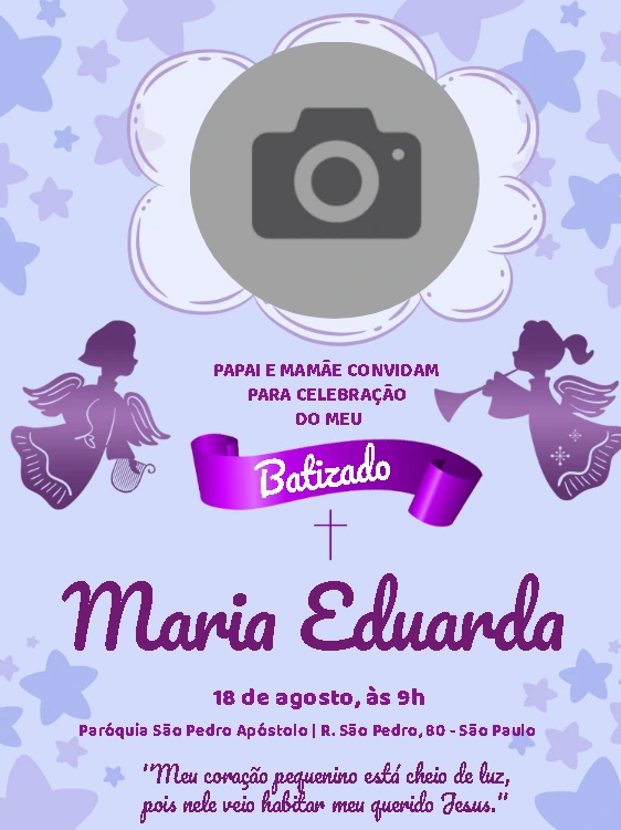 Convite de Batizado Roxo com Foto e Anjos para Editar
