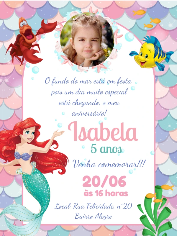 Convite Aniversário Pequena Sereia com Foto para Editar Online