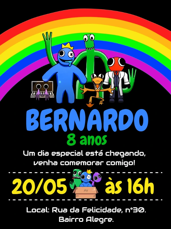 Convite de Aniversário Rainbow Friends com Personagens para Editar