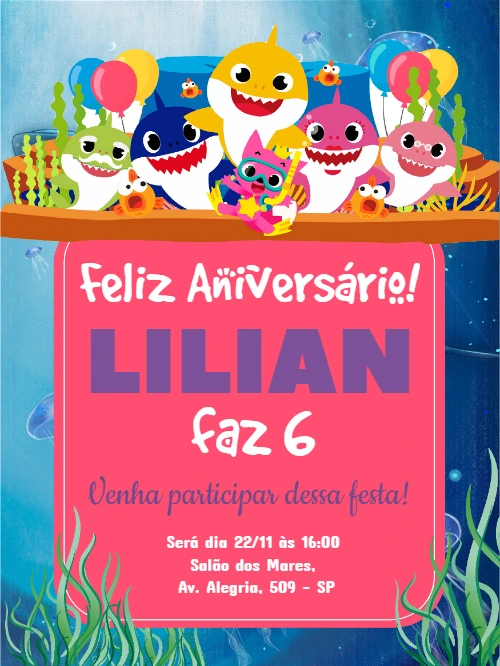 Convite de Aniversário Baby Shark com Personagens para Editar