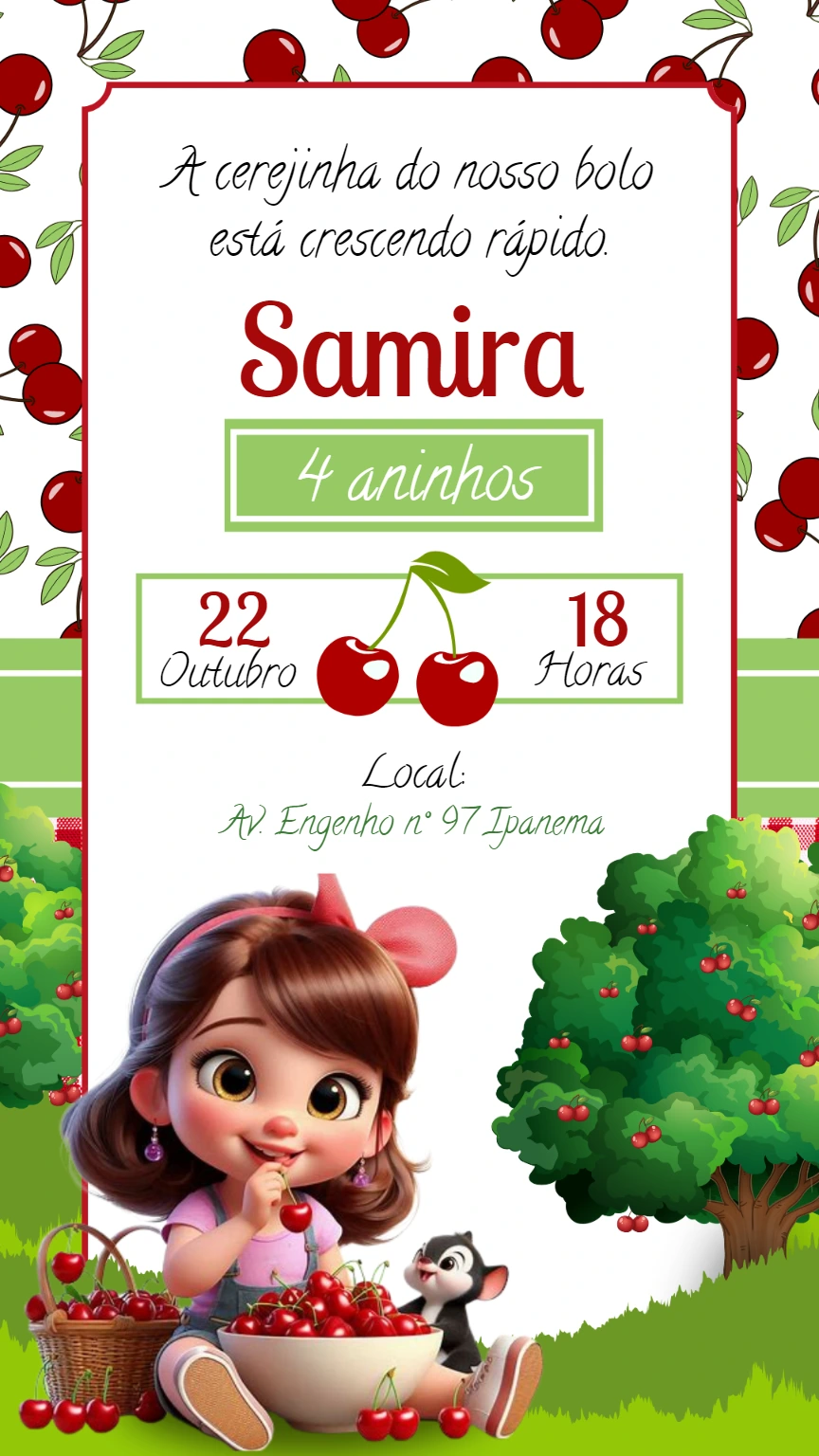 Convite de Aniversário Tema Cerejinha para Menina para Editar