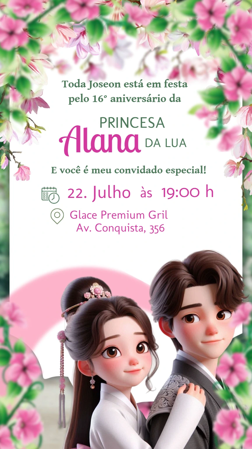 Convite Aniversário Dorama Coreano com Casal para Editar