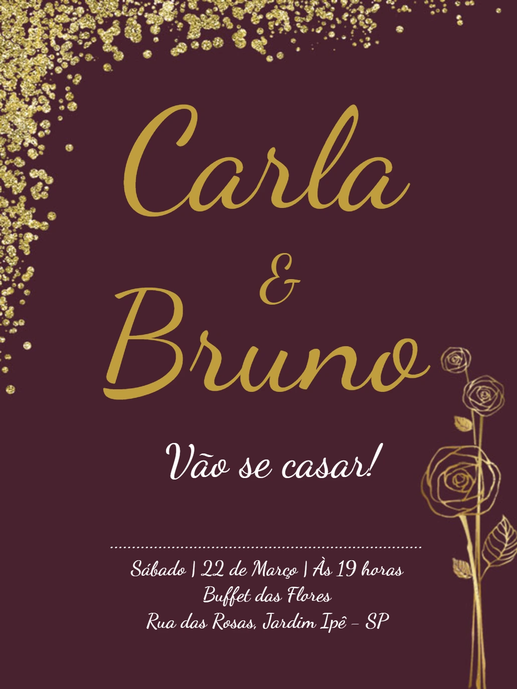 Convite de Casamento Marsala e Dourado para Editar Online