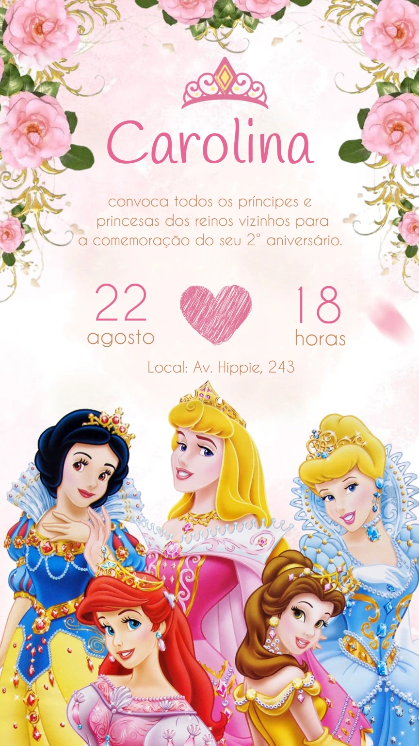 Convite de Aniversário Princesas Disney para Editar Online