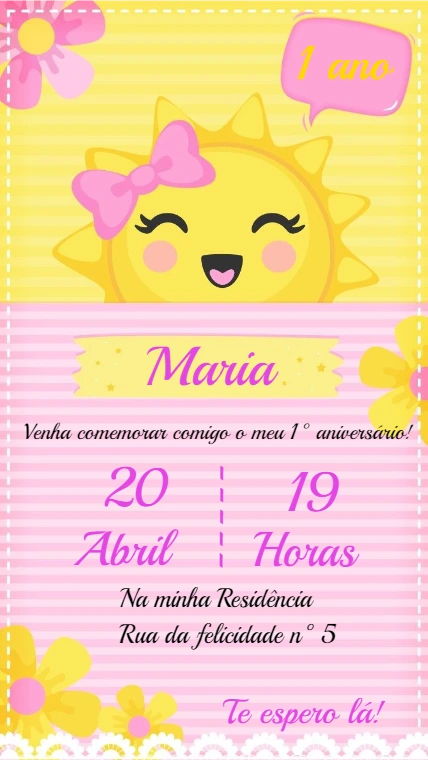 Convite de Aniversário Raio de Sol Menina para Editar Online