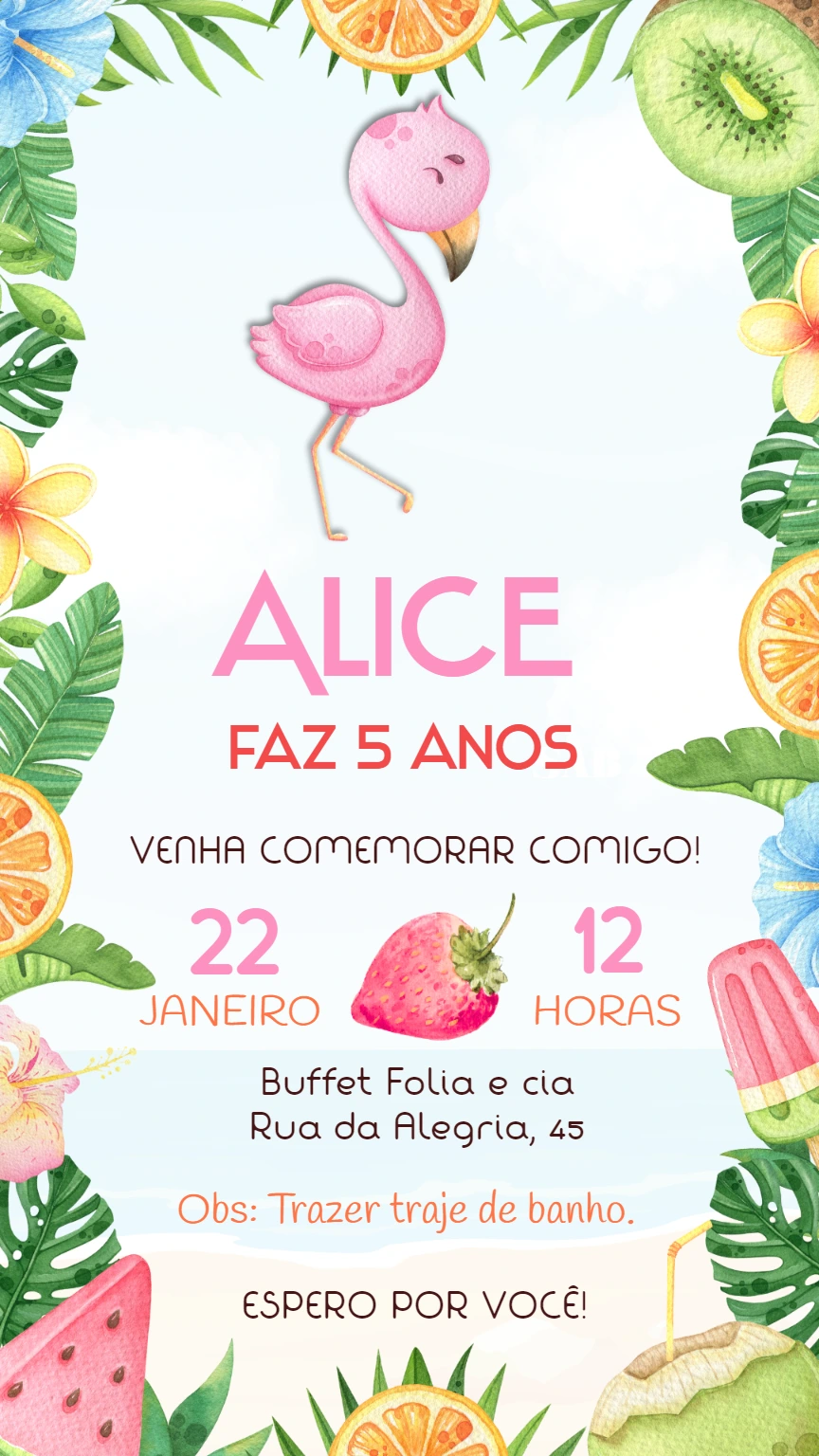 Convite Pool Party Tropical com Flamingo para Editar Online