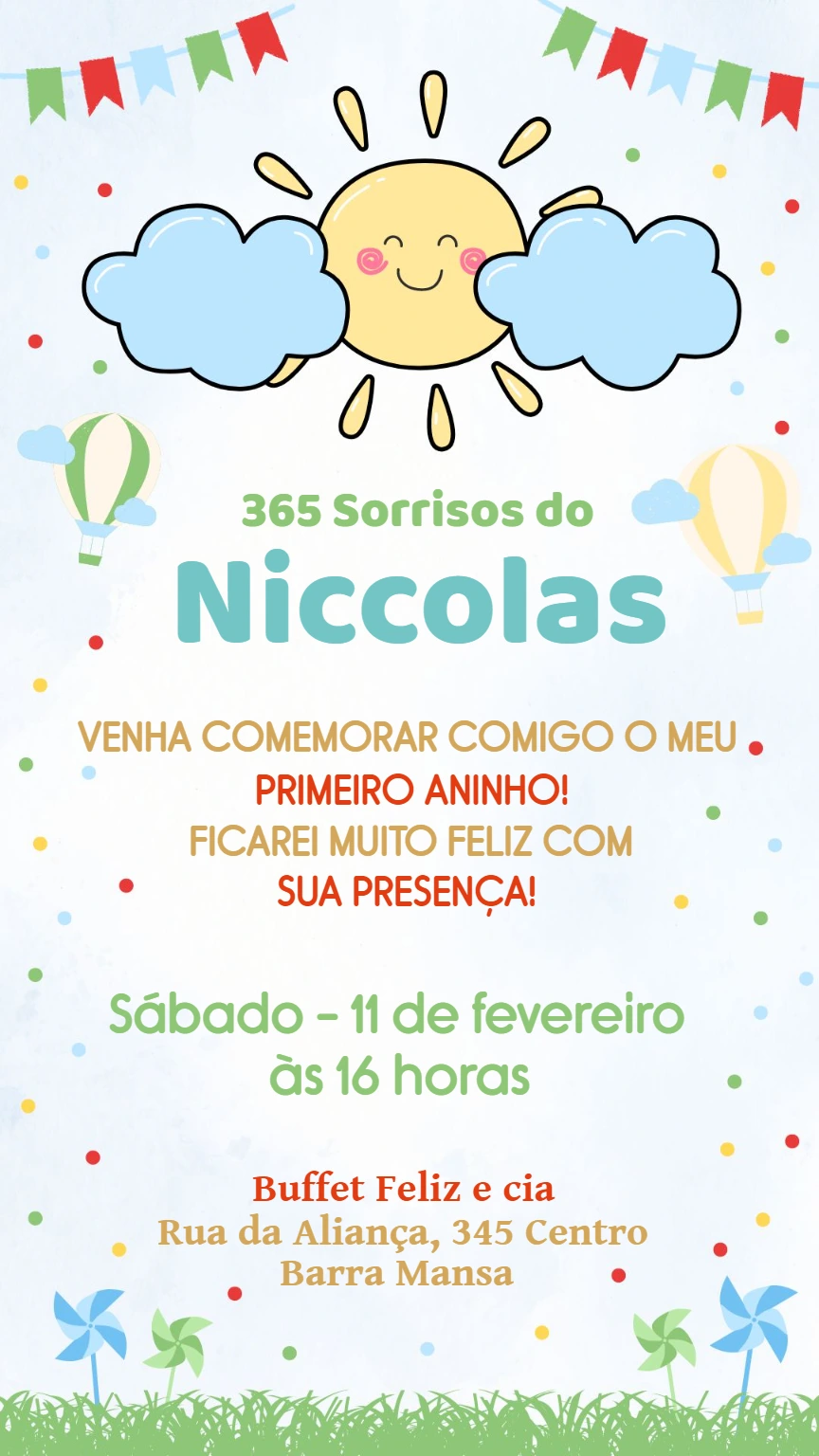 Convite Aniversário 1 Ano 365 Sorrisos para Editar Online