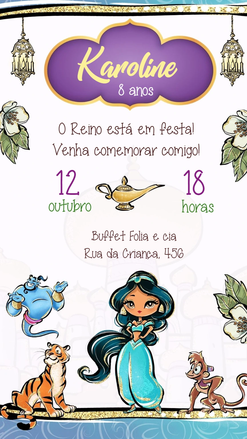 Convite de Aniversário Jasmine com Personagens para Editar