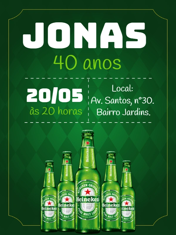 Convite de Aniversário Tema Heineken para Editar Online