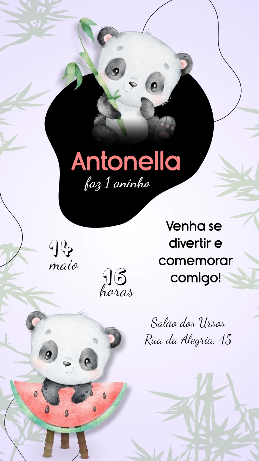 Convite de Aniversário Pandinha Fofo para Editar Online