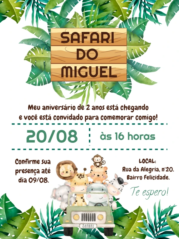 Convite Aniversário Safari com Animais Fofos para Editar Online