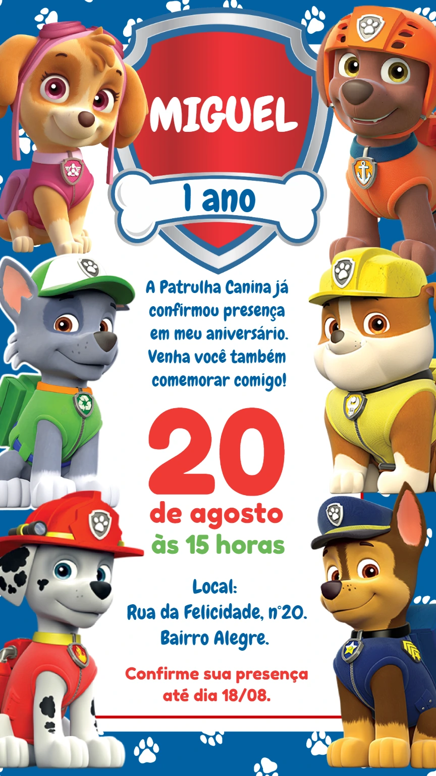 Convite de Aniversário Patrulha Canina para Editar Online