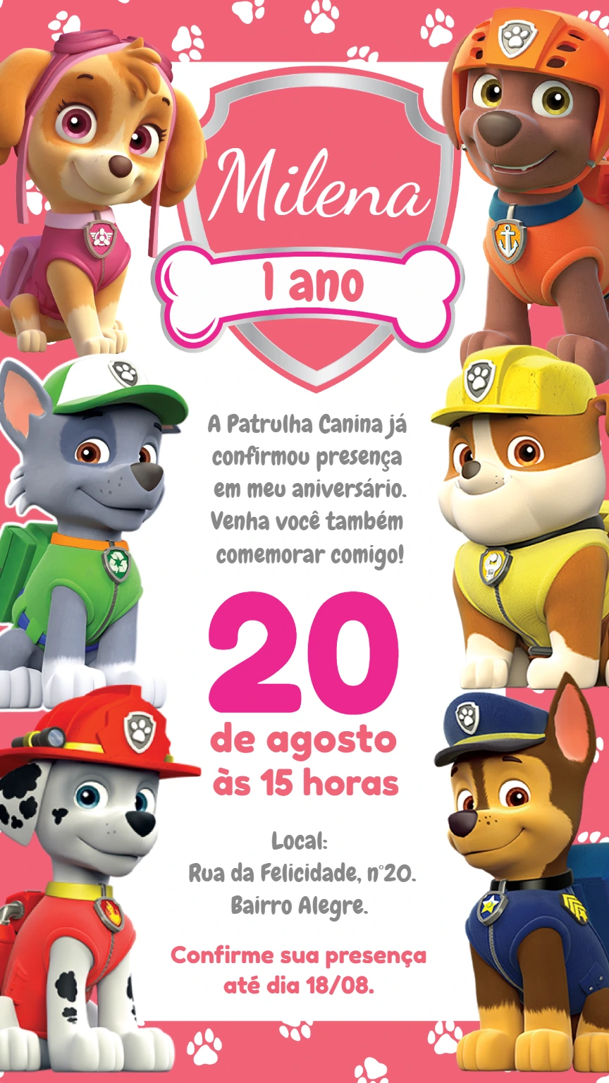 Convite Patrulha Canina Rosa de Aniversário para Editar