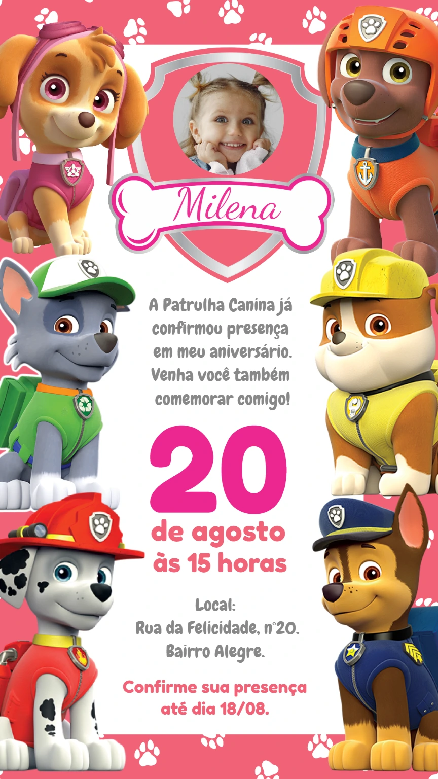 Convite Aniversário Patrulha Canina Skye com Foto para Editar