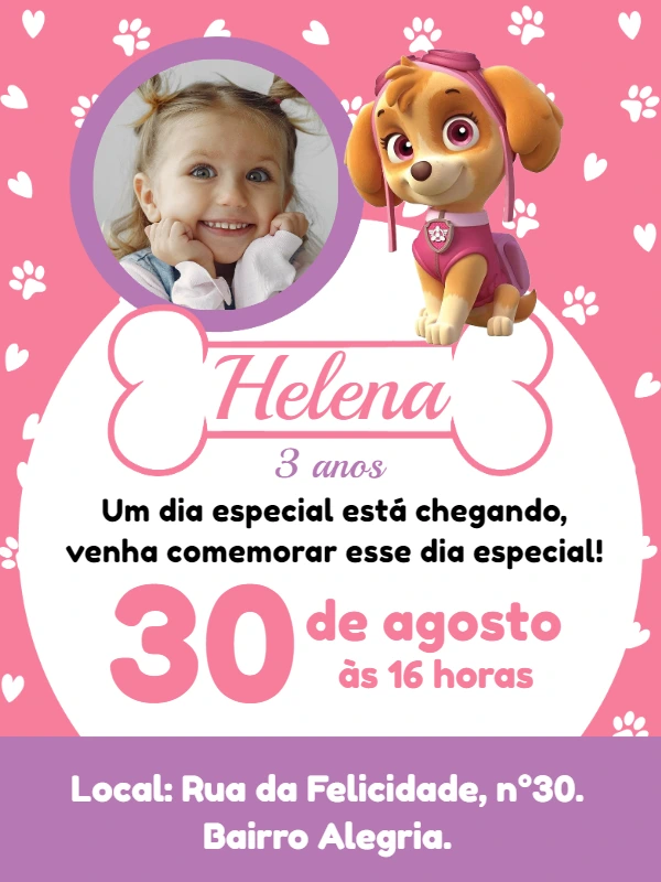 Convite Aniversário Skye Patrulha Canina com Foto para Editar