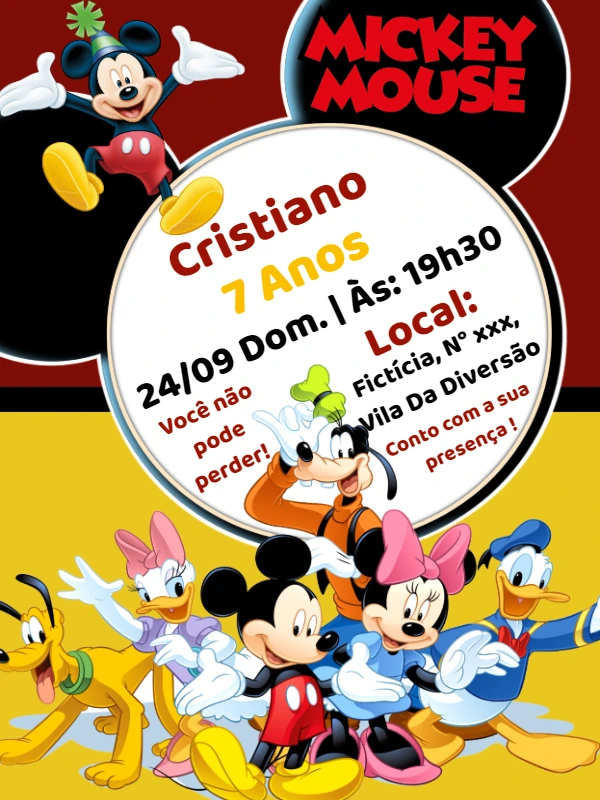 Convite Aniversário Turma do Mickey Mouse para Editar Online