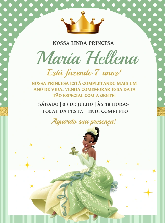 Convite de Aniversário Princesa Tiana para Editar Online