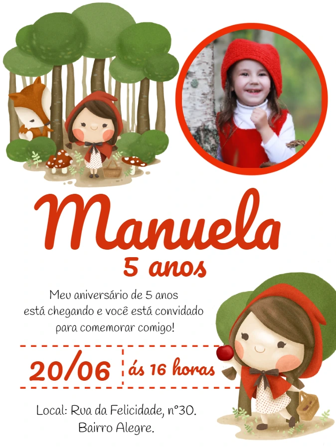 Convite Aniversário Chapeuzinho Vermelho com Foto para Editar