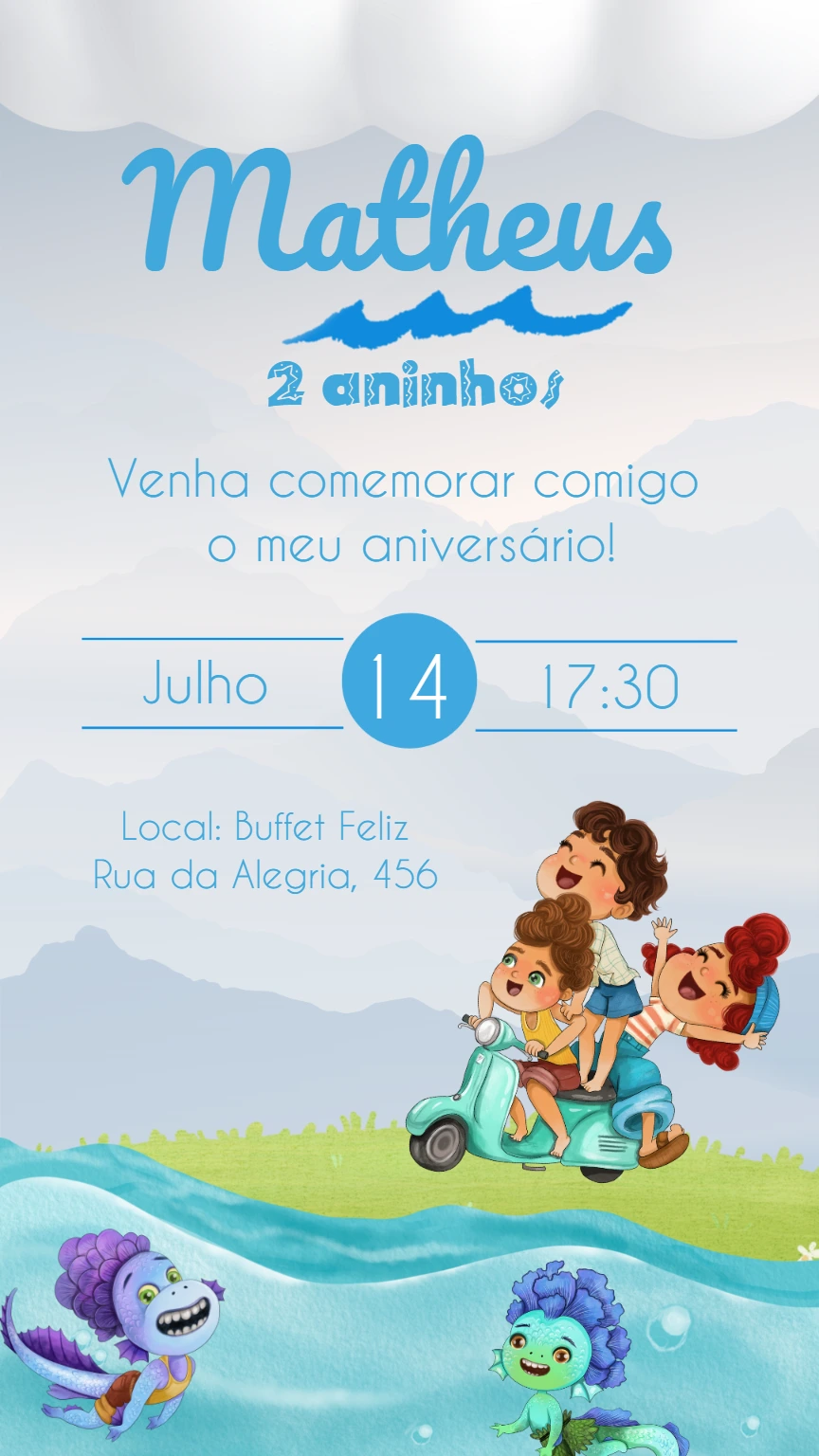 Convite de Aniversário Luca com Personagens para Editar Online