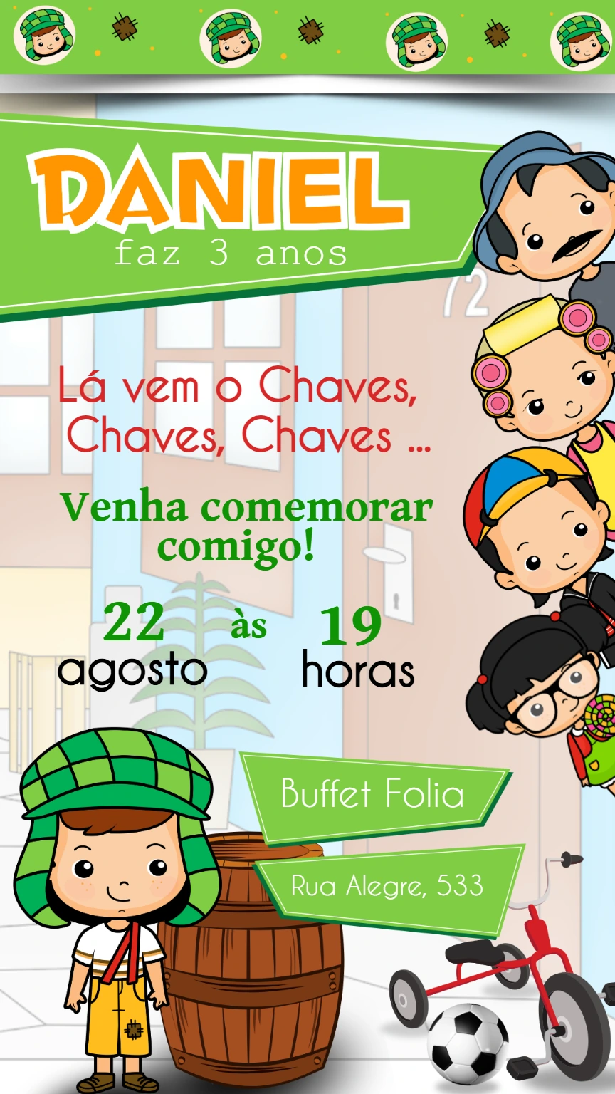 Convite de Aniversário Chaves para Editar Online