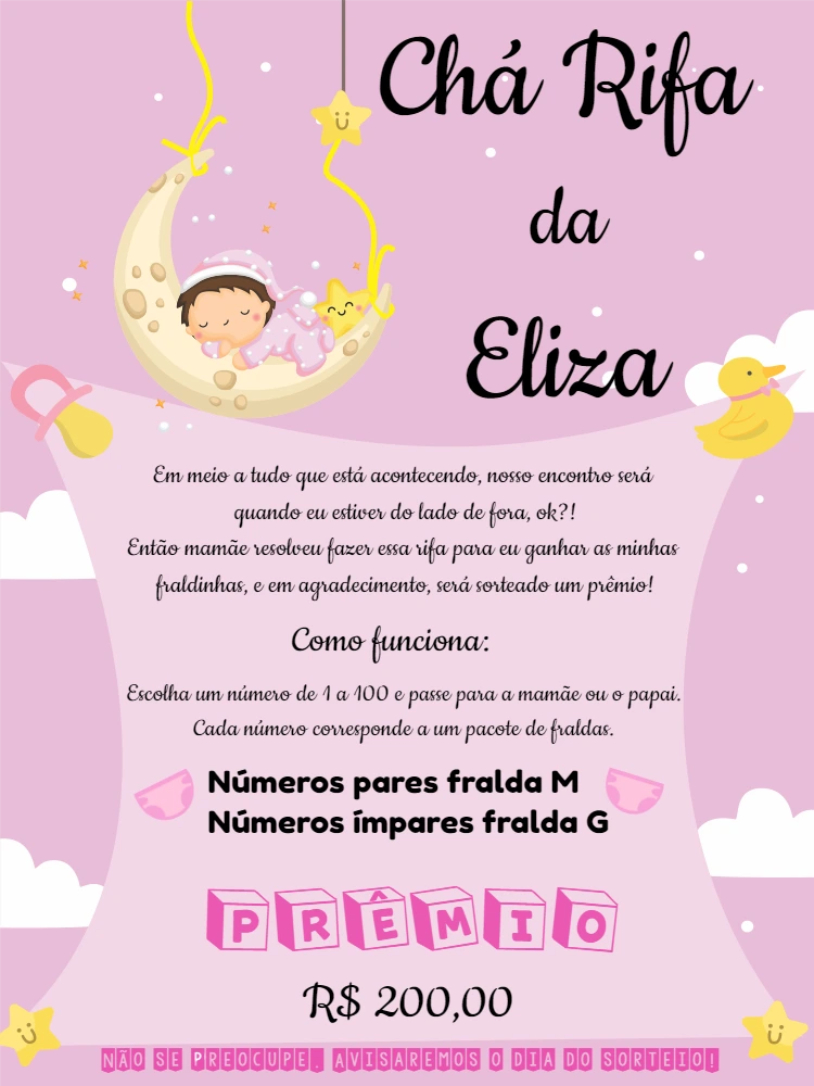 Convite Chá Rifa de Menina com Lua para Editar Online