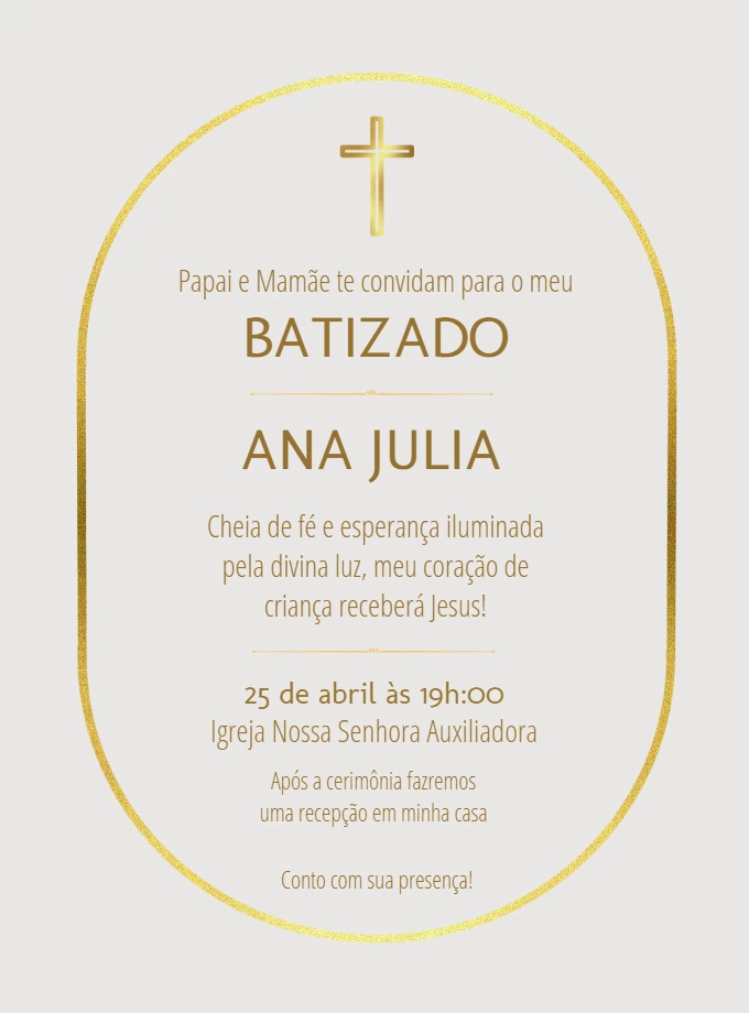 Convite de Batizado Elegante Dourado para Editar Online