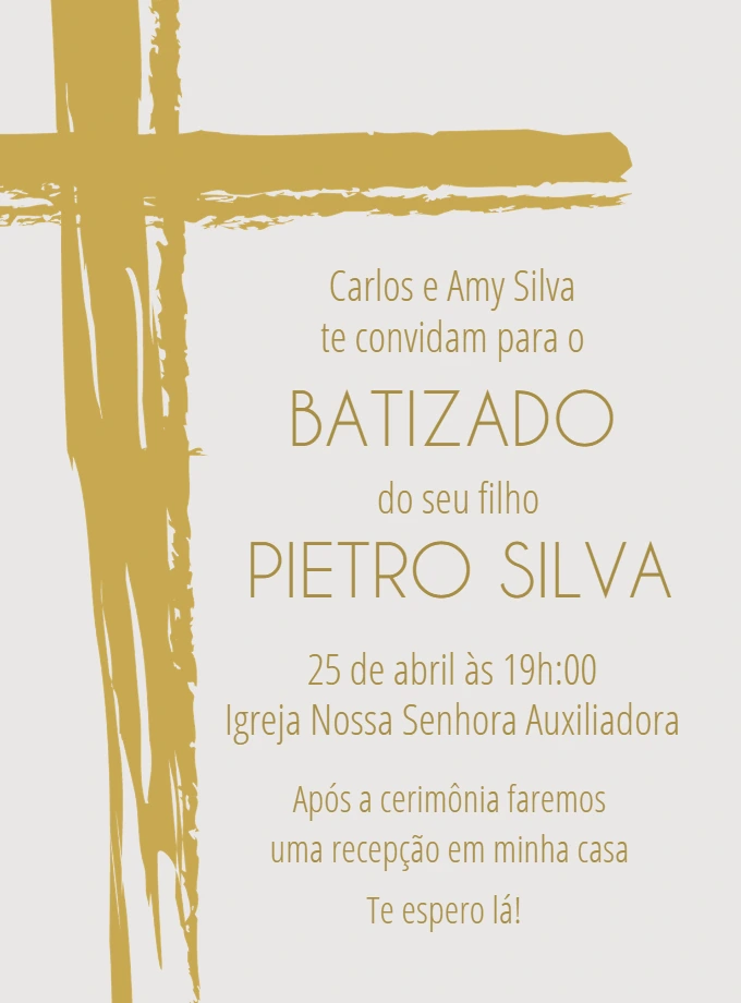 Convite de Batizado com Cruz Dourada para Editar Online