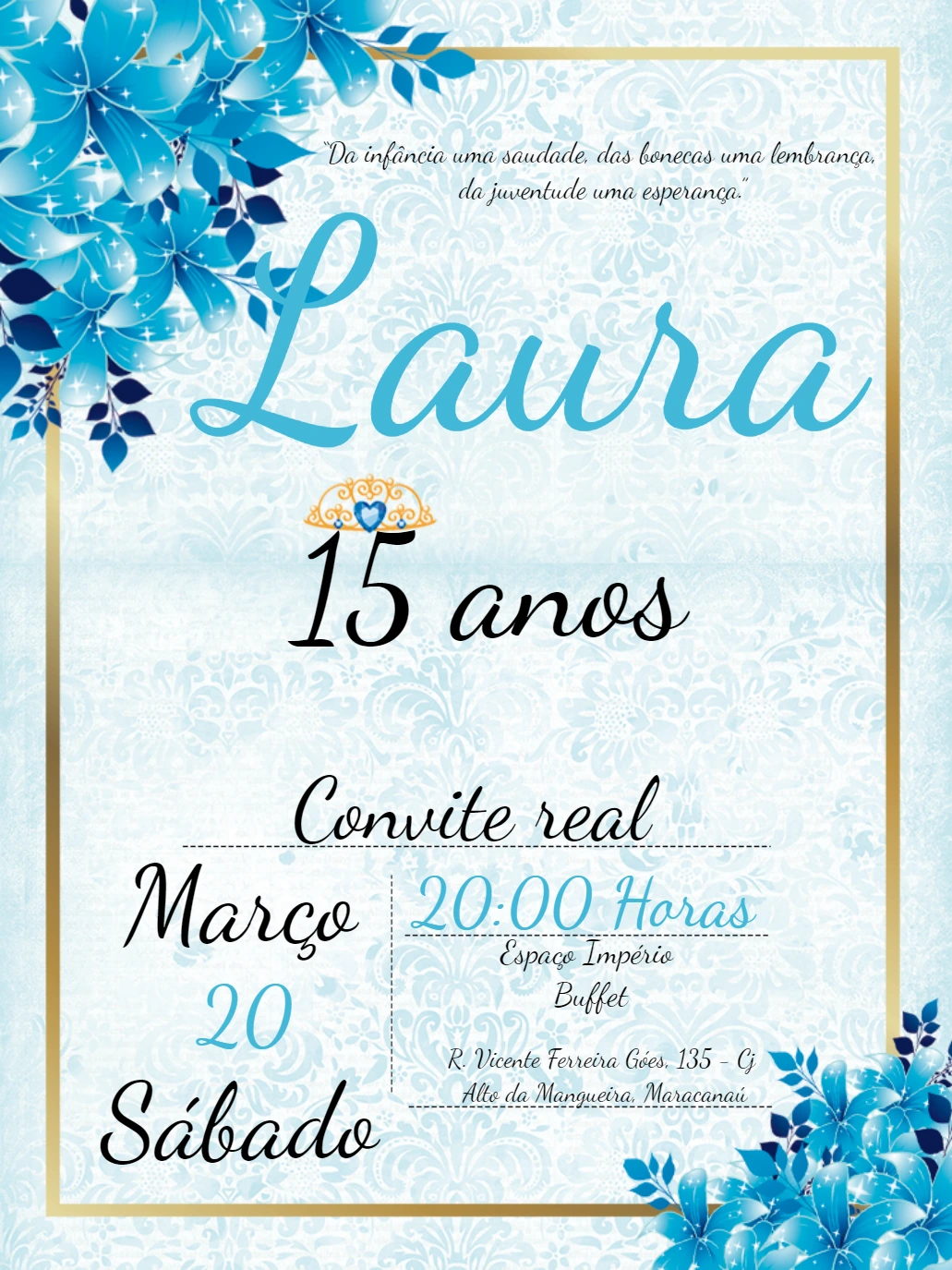 Convite de 15 Anos Floral Azul Elegante para Editar Online