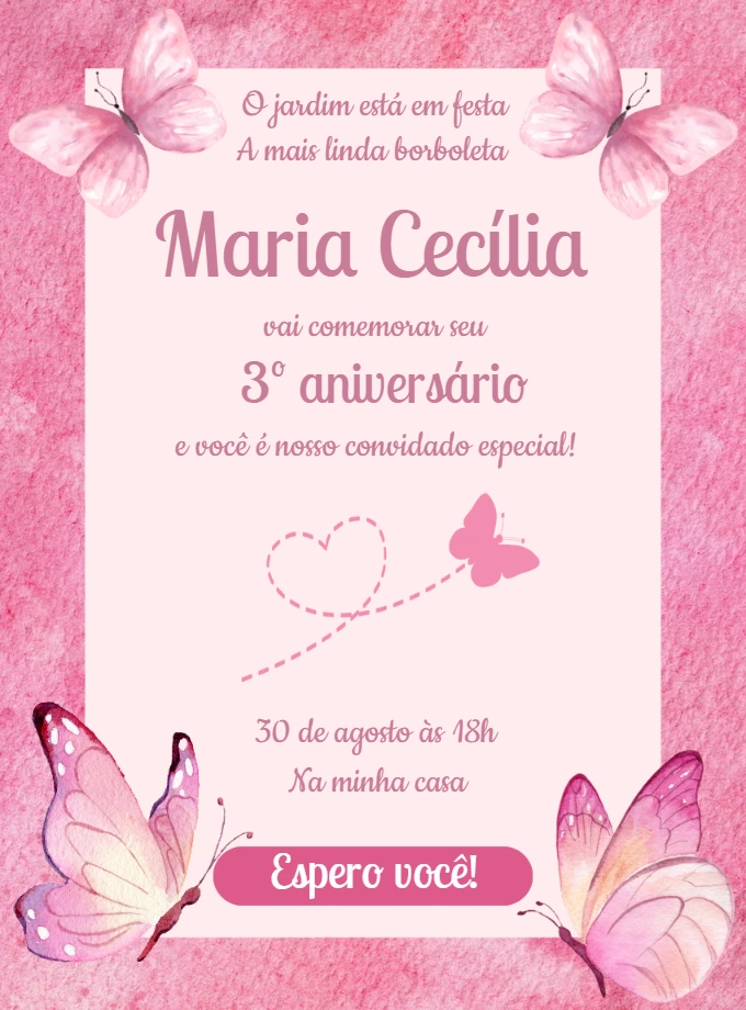 Convite Aniversário Borboleta Rosa Aquarela para Editar Online