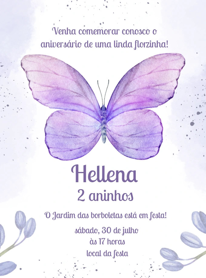 Convite Aniversário Borboleta Lilás para Editar Online