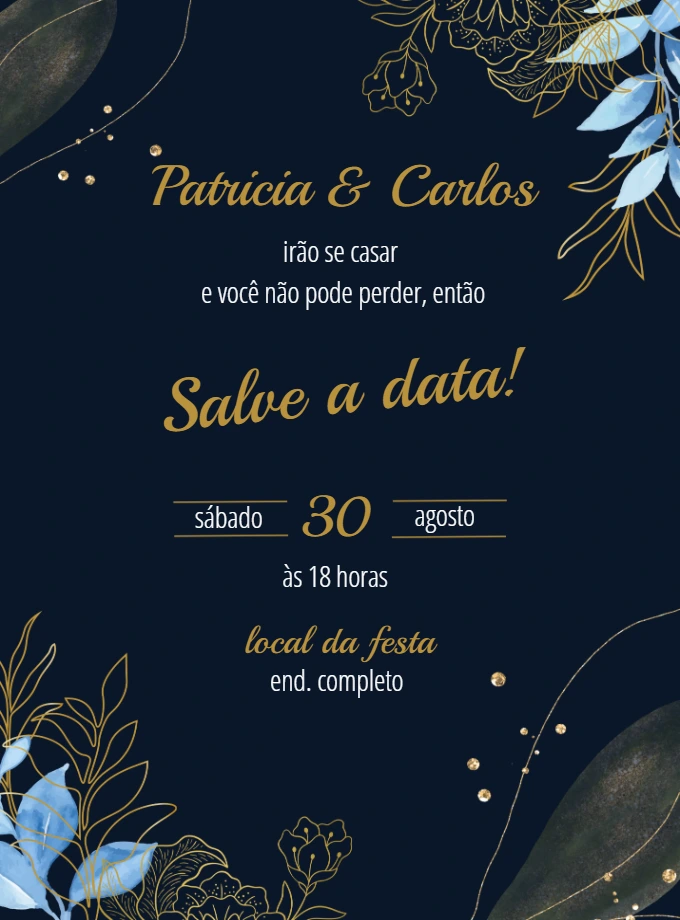 Convite Save the Date Casamento Azul e Dourado para Editar