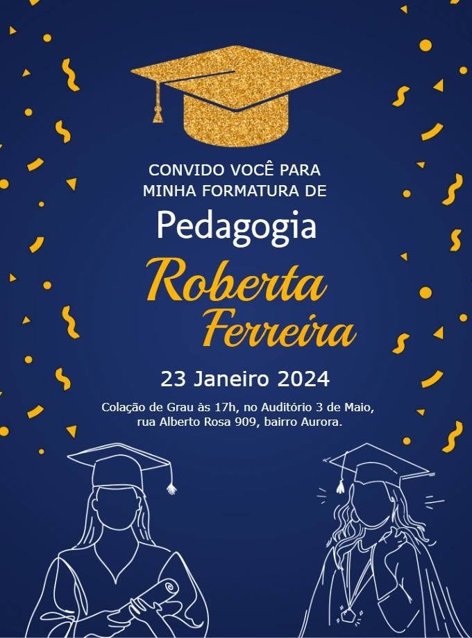 Convite Formatura Pedagogia Elegante Azul Dourado para Editar